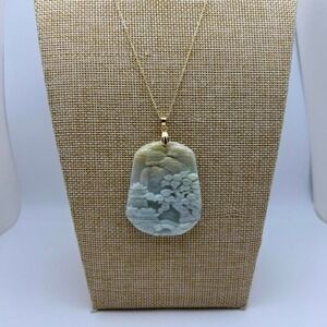 Carved Green Jade Landscape Pendant Necklace with‎ 24K gold plated chain